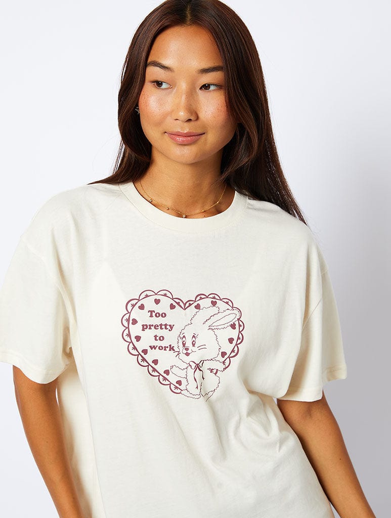 Too Pretty To Work T-Shirt in Ecru