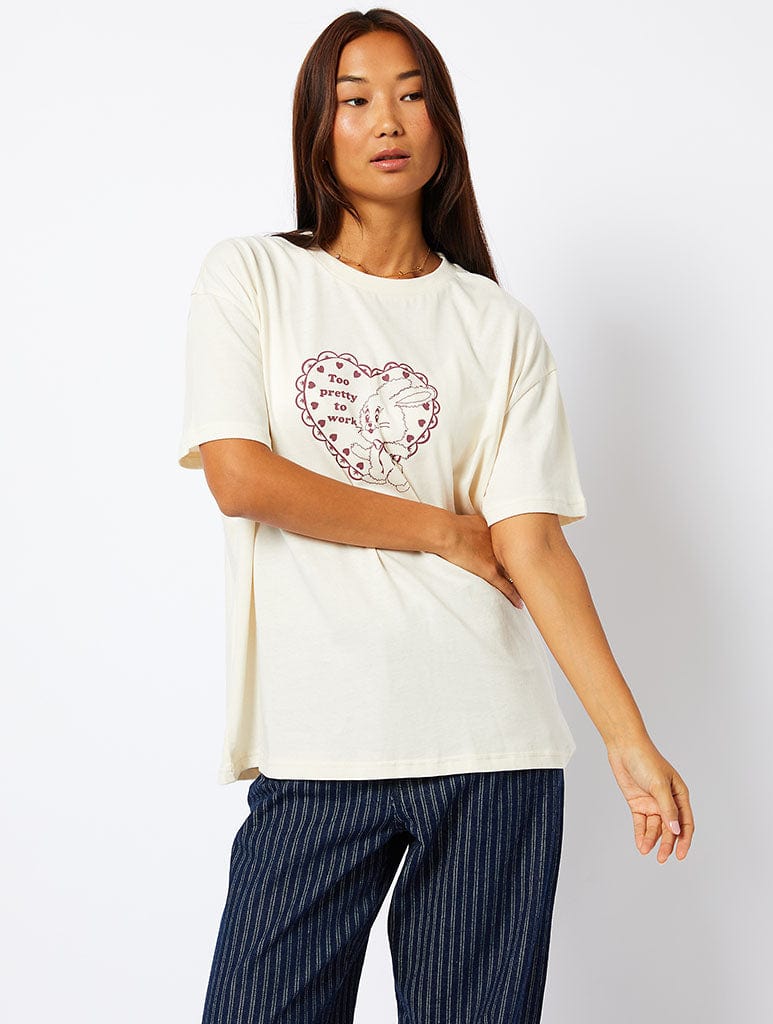 Too Pretty To Work T-Shirt in Ecru