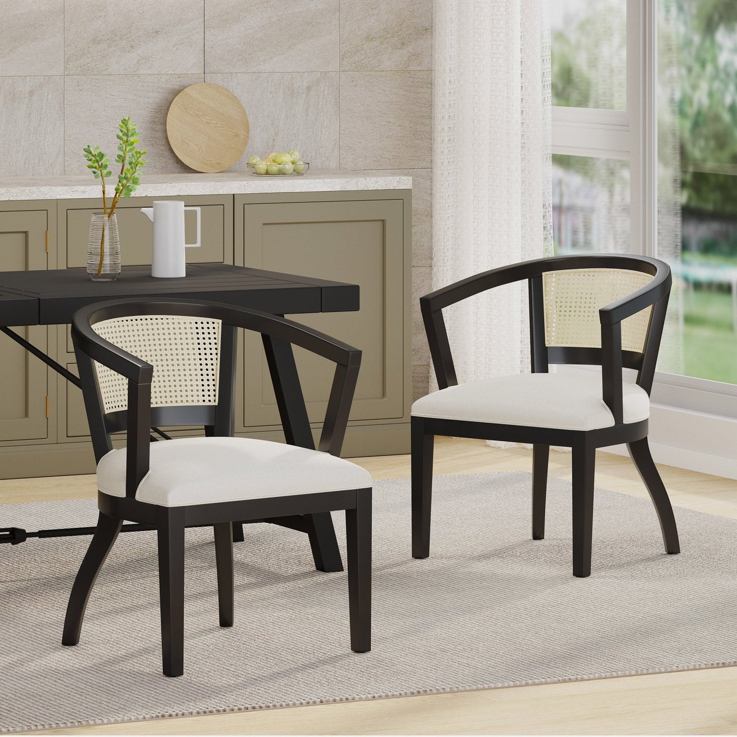 Traditional Upholstered Wood And Cane Dining Chair, Set of 2