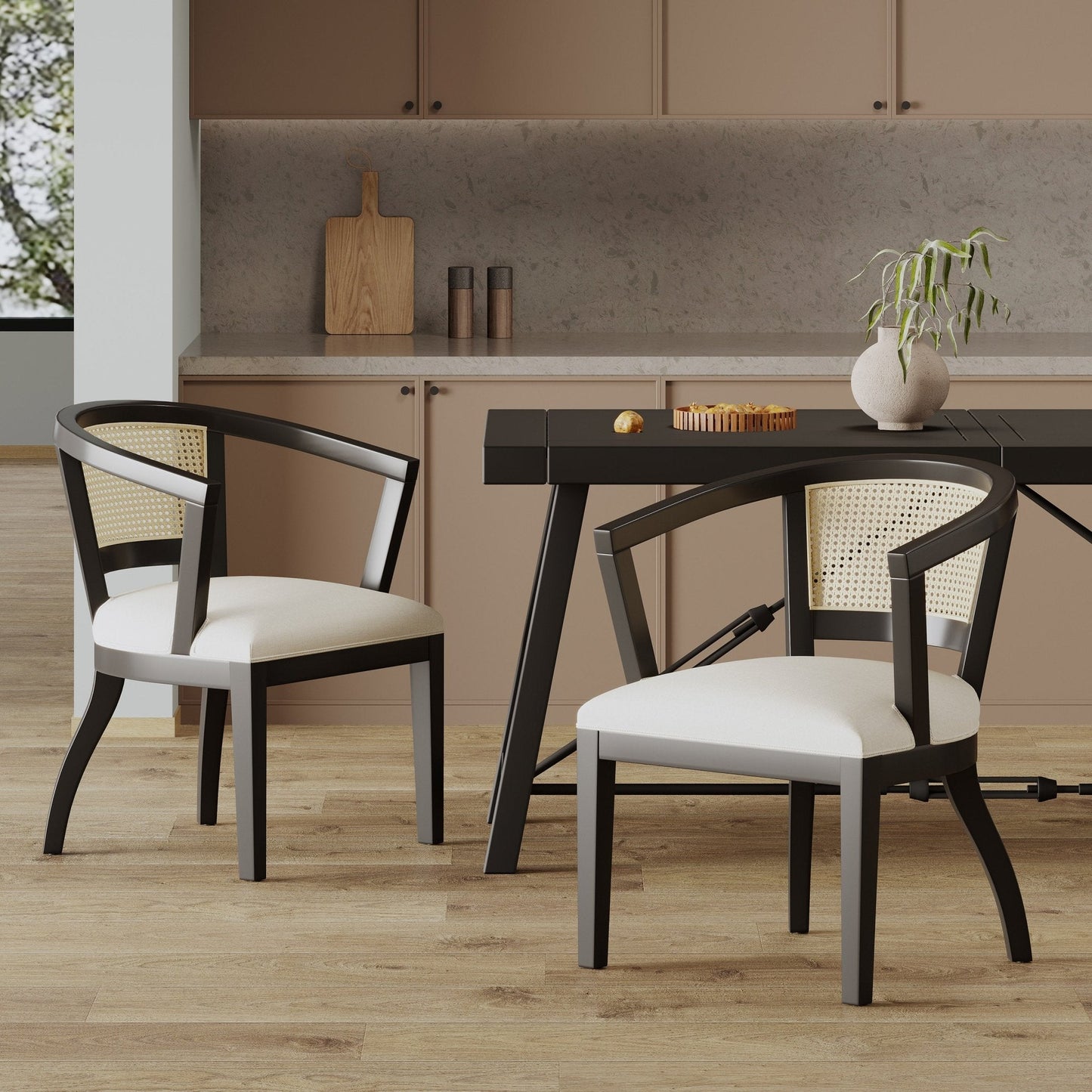 Traditional Upholstered Wood And Cane Dining Chair, Set of 2