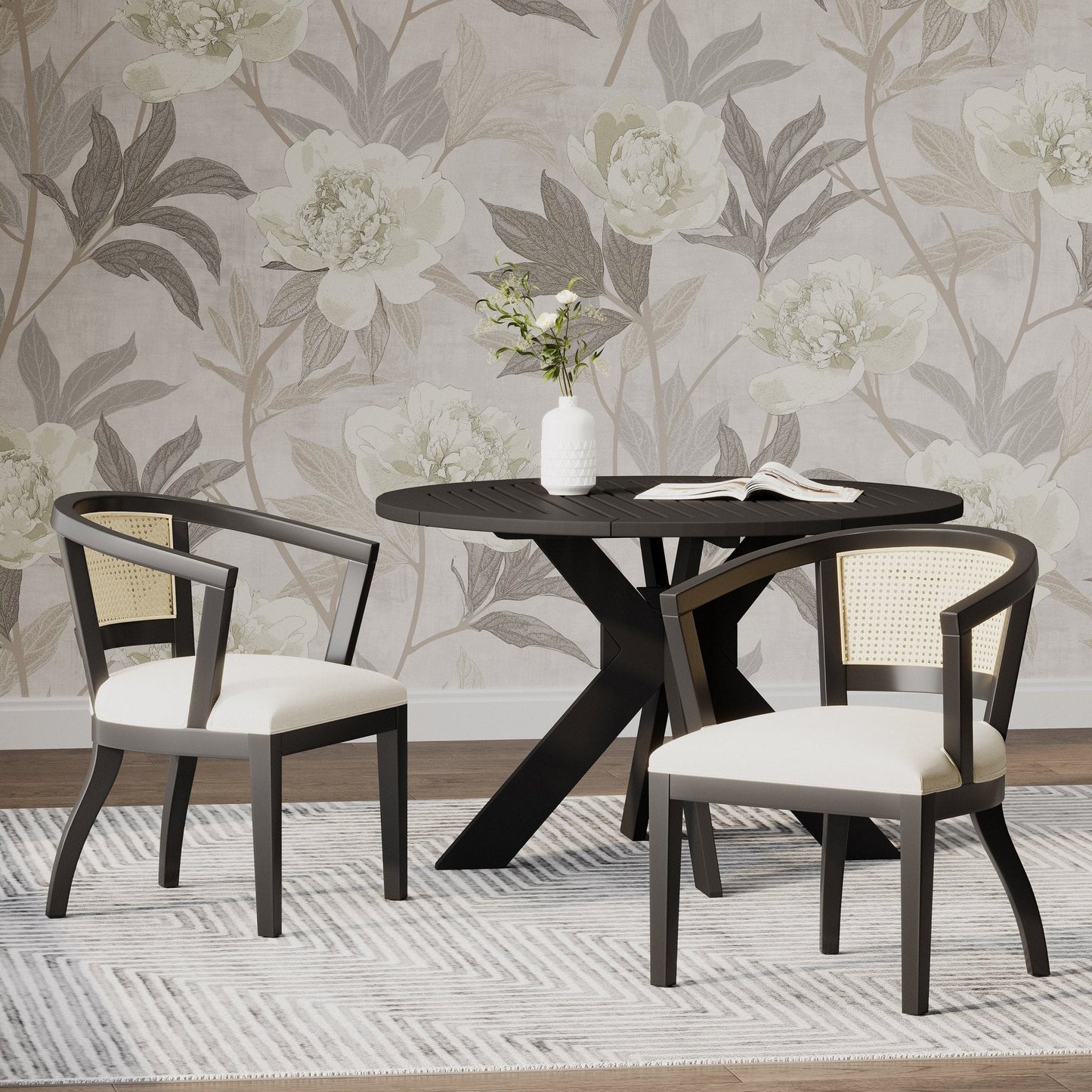 Traditional Upholstered Wood And Cane Dining Chair, Set of 2
