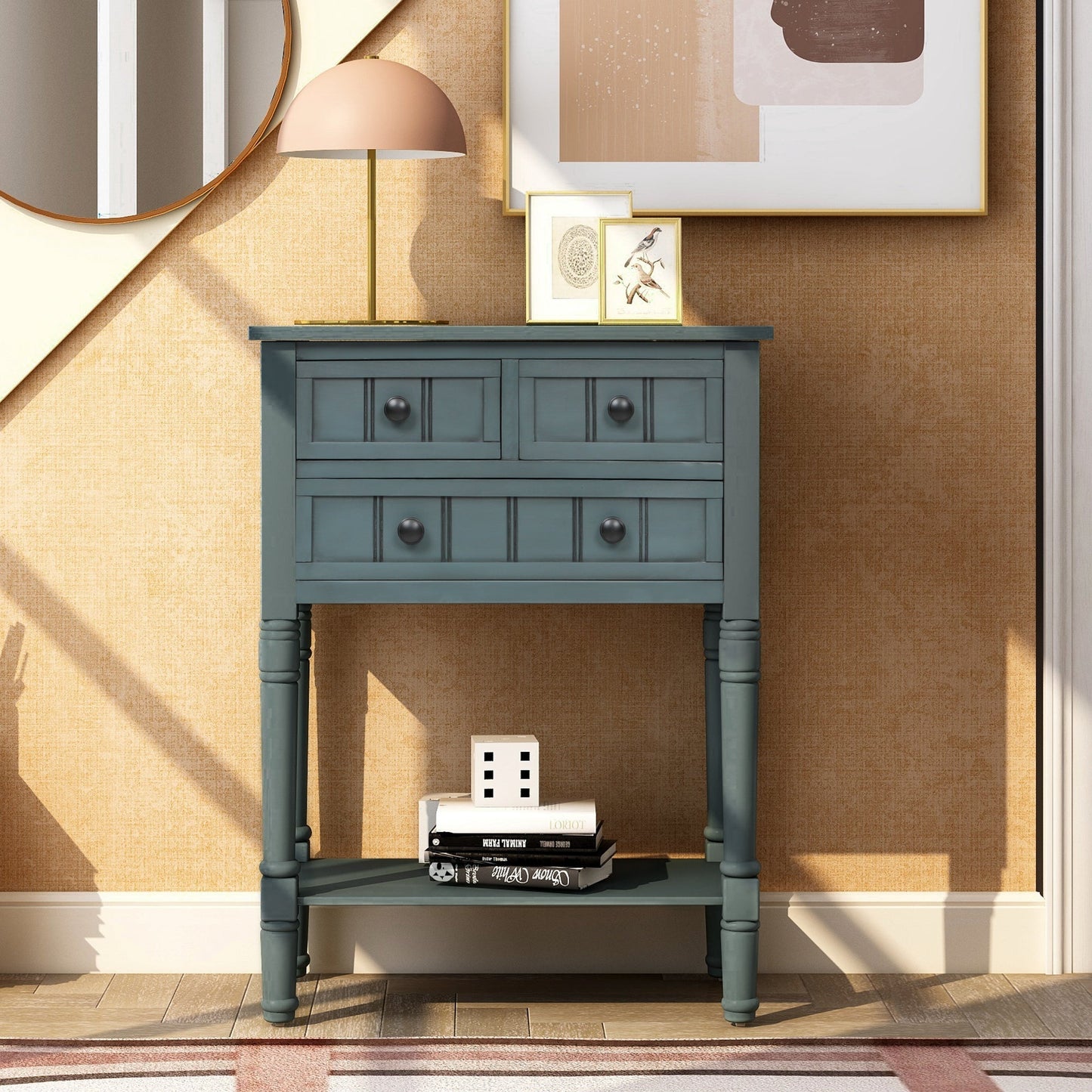 Trexm Navy Narrow Console Table, Slim Sofa Table with 3 Storage Drawers
