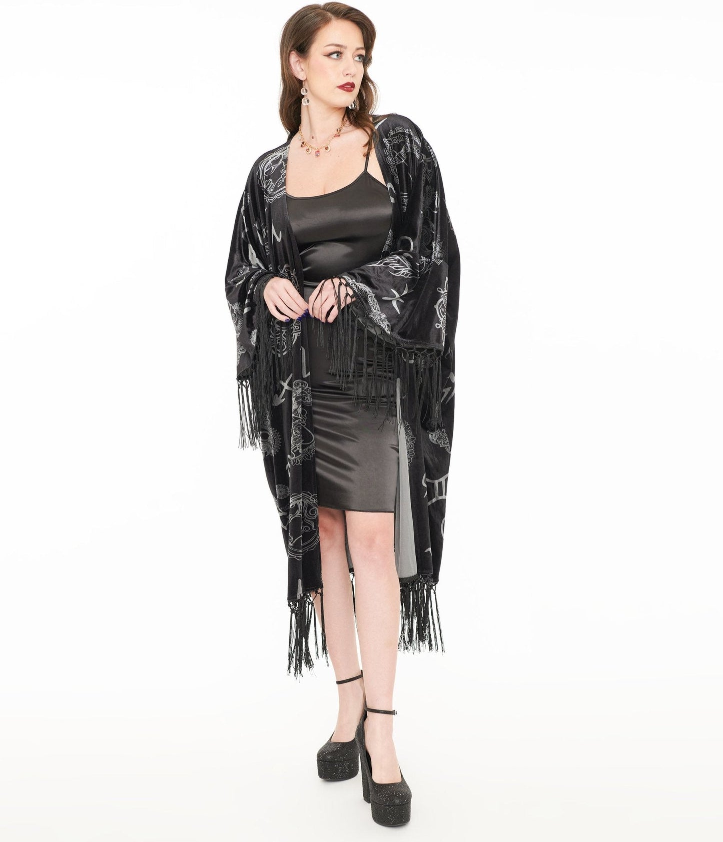 Unique Vintage 1920s Silver & Black Velvet Zodiac Fringe Kimono