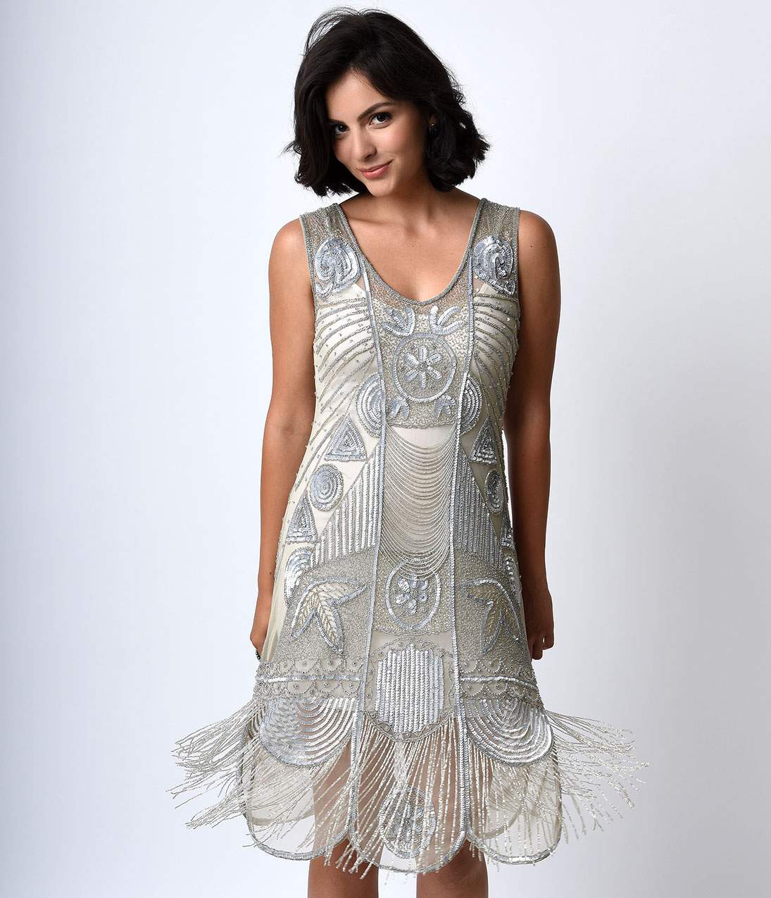 Special Order - Unique Vintage 1920s Style Silver Hand Beaded Fringe Bosley Flapper Dress
