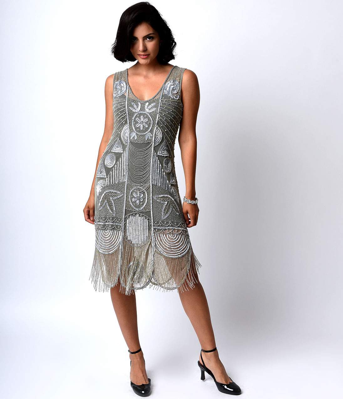 Special Order - Unique Vintage 1920s Style Silver Hand Beaded Fringe Bosley Flapper Dress