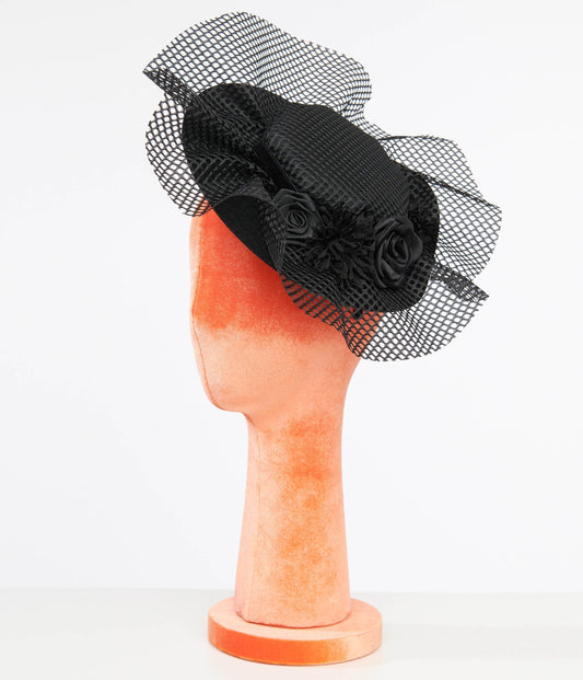 Unique Vintage 1930s Black Floral & Mesh Fascinator