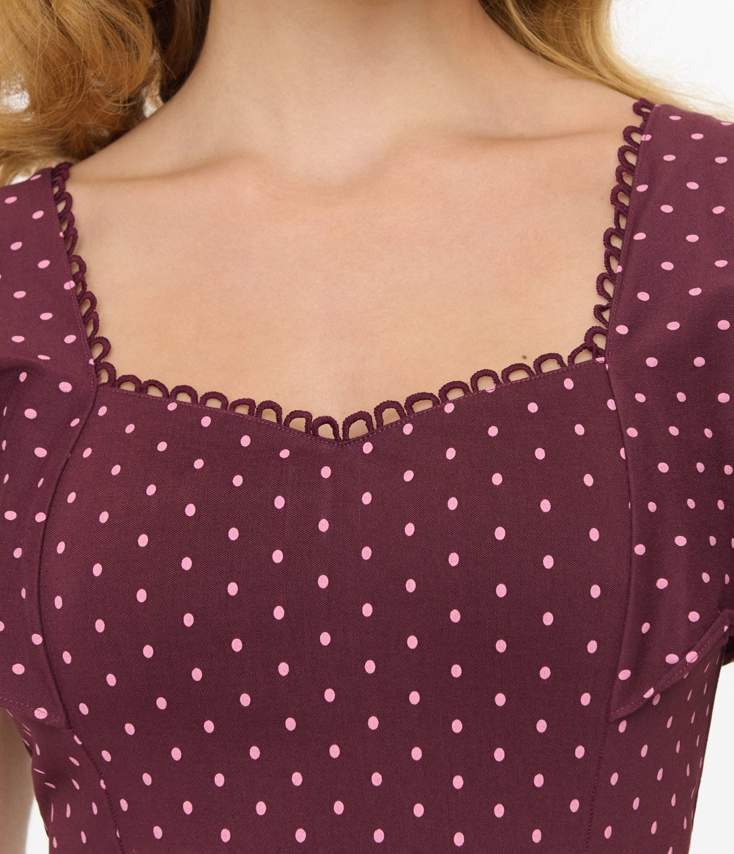 Unique Vintage 1940s Eggplant & Pink Dot Flutter Sleeve Pencil Dress