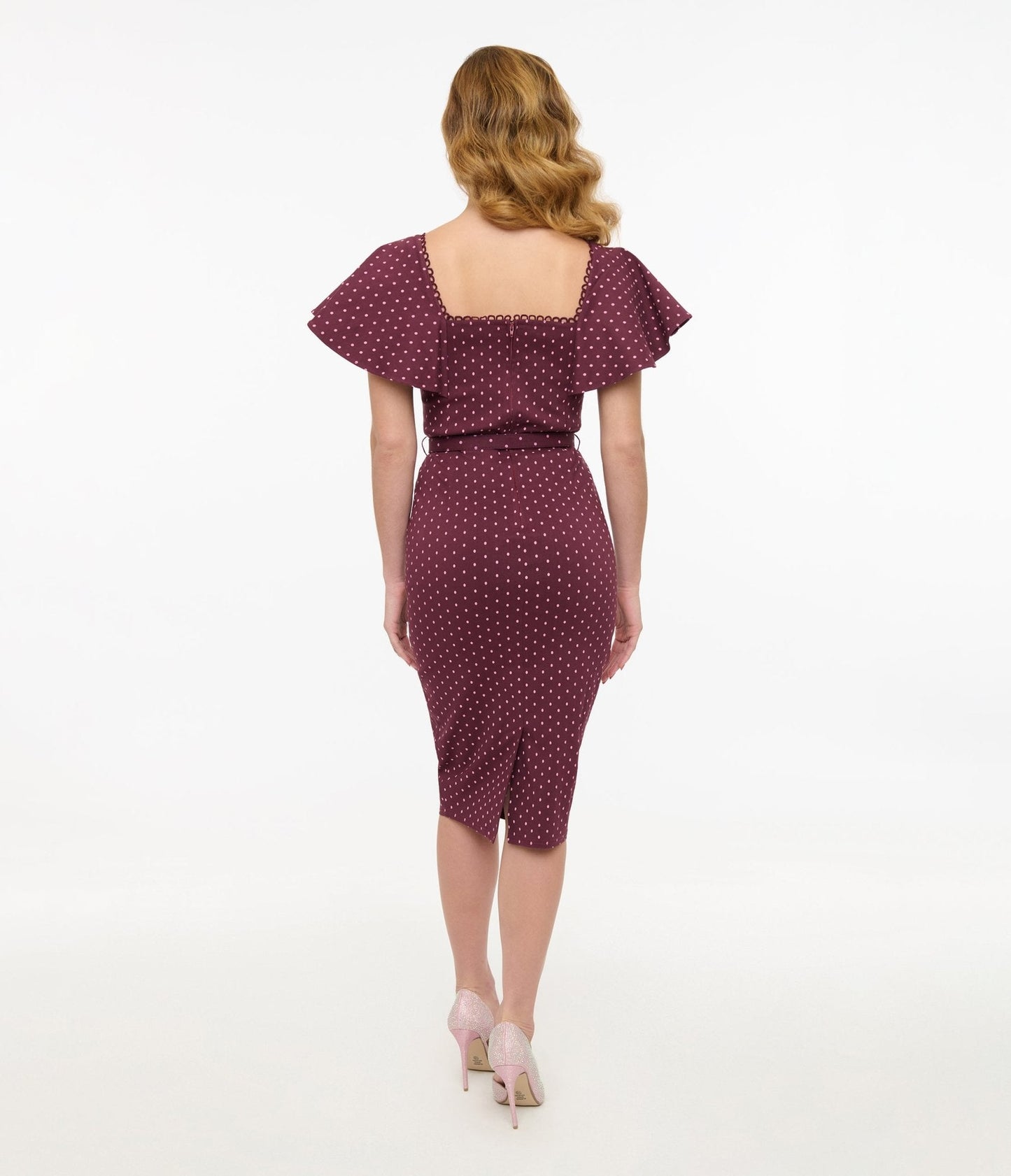 Unique Vintage 1940s Eggplant & Pink Dot Flutter Sleeve Pencil Dress