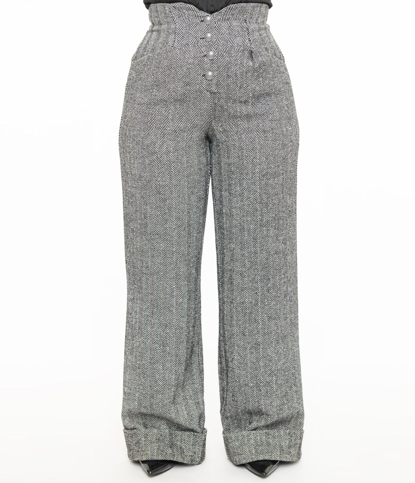 Unique Vintage 1940s Grey Herringbone Buttoned Wide Leg Trousers