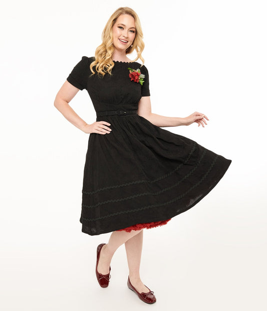 Unique Vintage 1950s Black Holiday Floral Pin Cotton Swing Dress