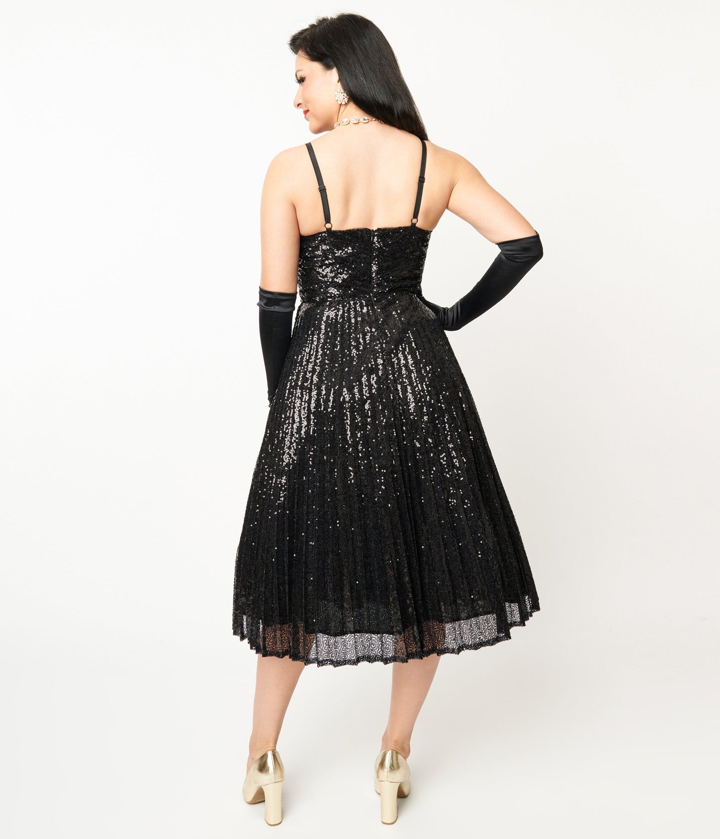 Unique Vintage 1950s Black Pleated Sequin Swing Dress