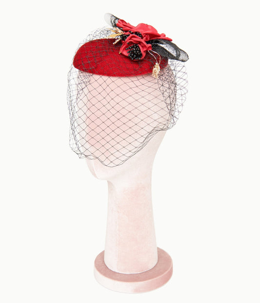 Unique Vintage 1950s Black & Red Floral Fascinator Hat