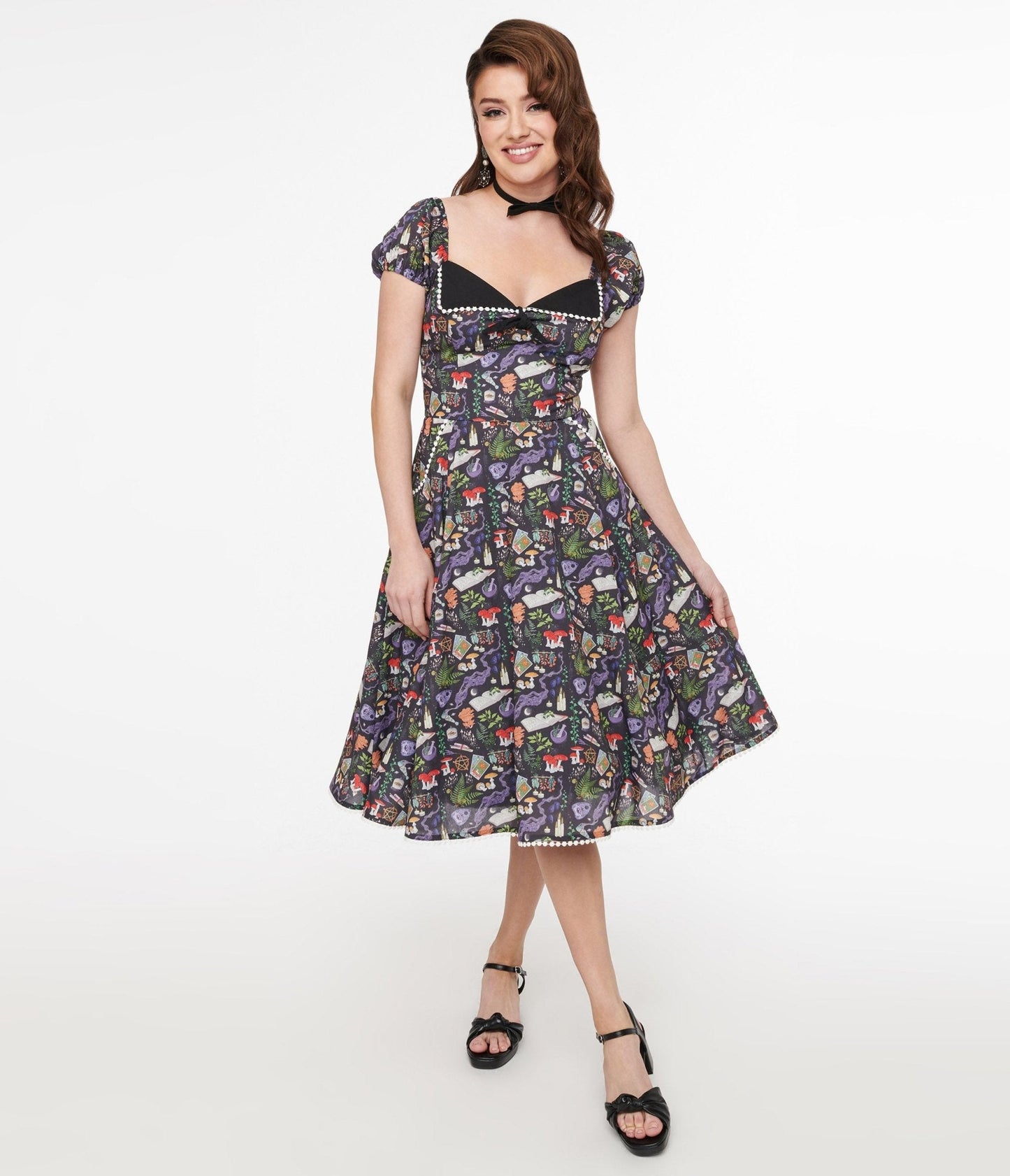 Unique Vintage 1950s Black Spellbinding Print Swing Dress