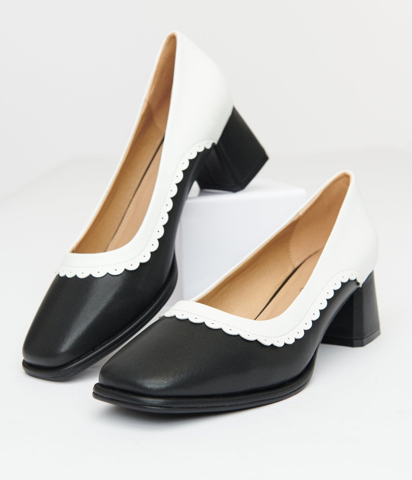 Unique Vintage 1950s Black & White Square Toe Pumps