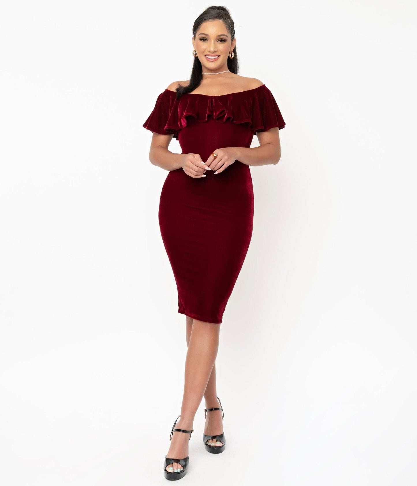 Unique Vintage 1950s Burgundy Red Velvet Sophia Wiggle Dress