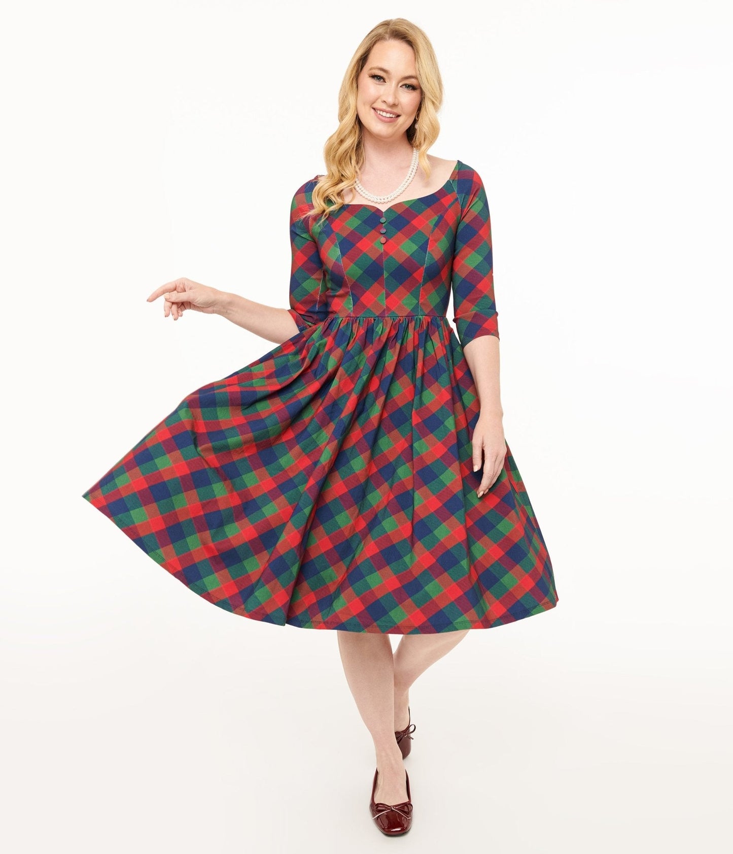Unique Vintage 1950s Green & Red Plaid Sweetheart Swing Dress