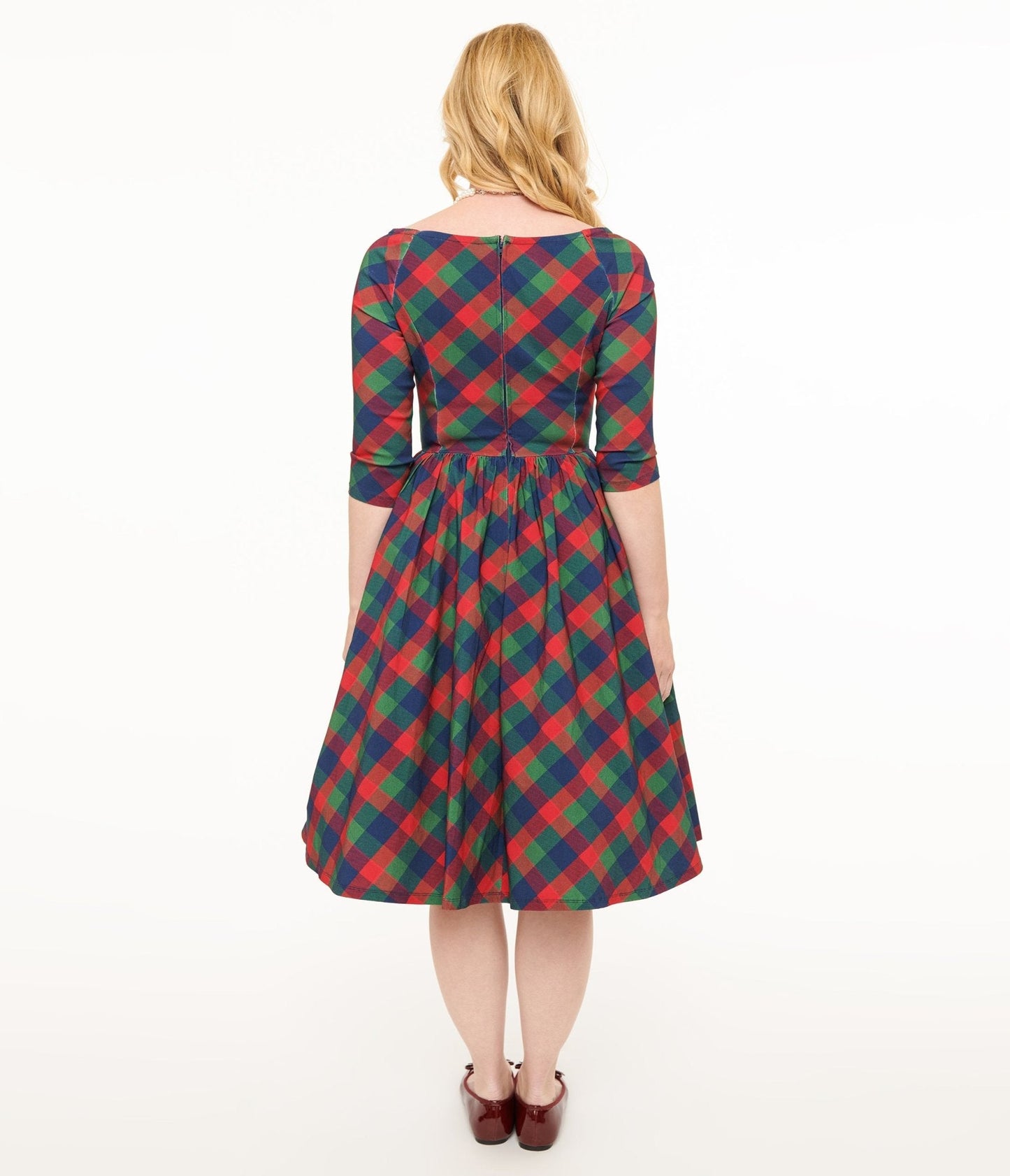 Unique Vintage 1950s Green & Red Plaid Sweetheart Swing Dress