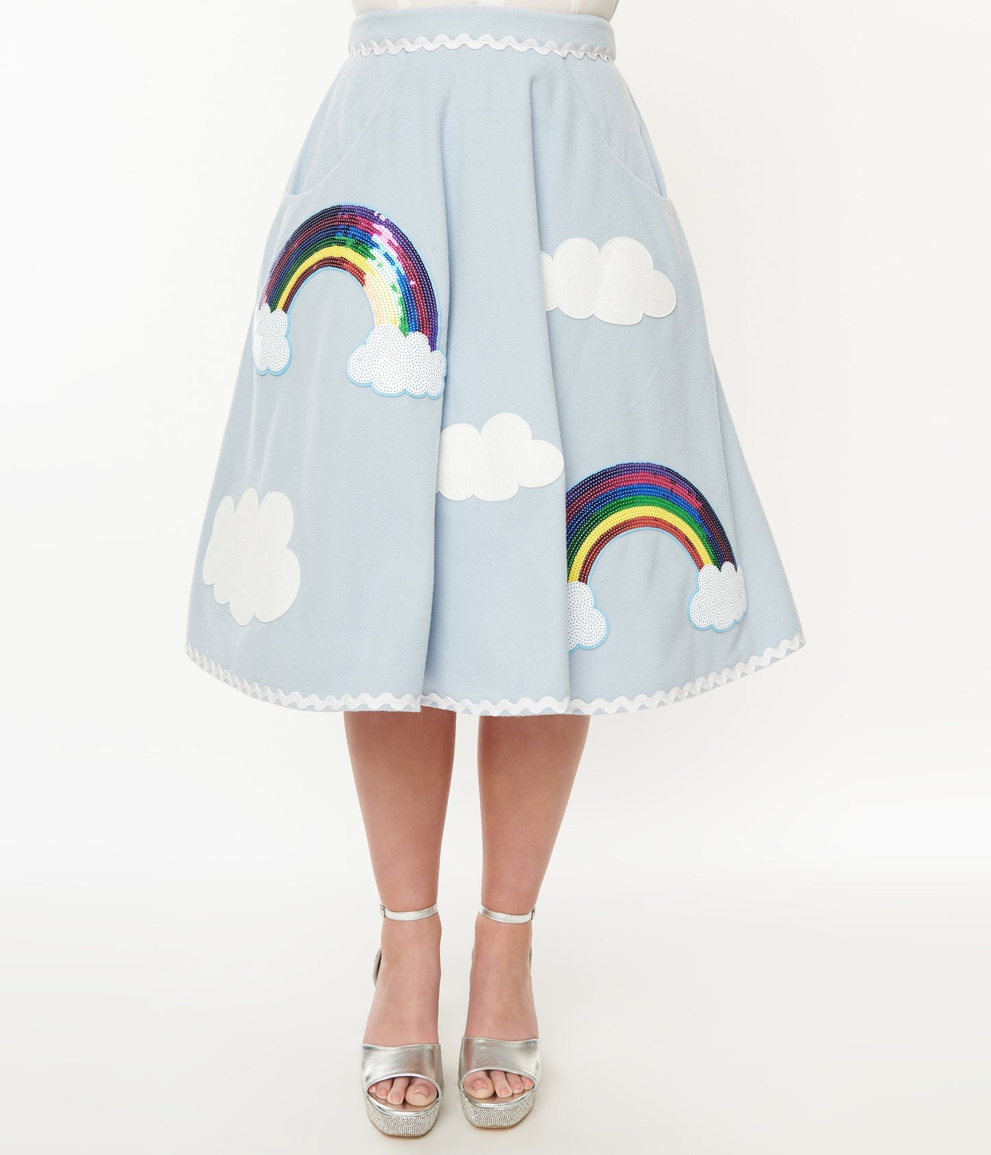 Unique Vintage 1950s Light Blue & Rainbow Sequin Soda Shop Swing Skirt