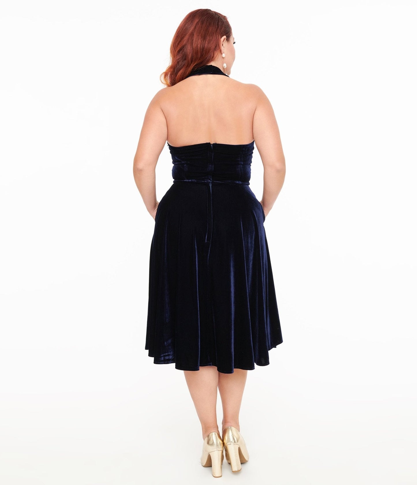 Unique Vintage 1950s Navy Velvet Criss Cross Halter Rita Flare Dress