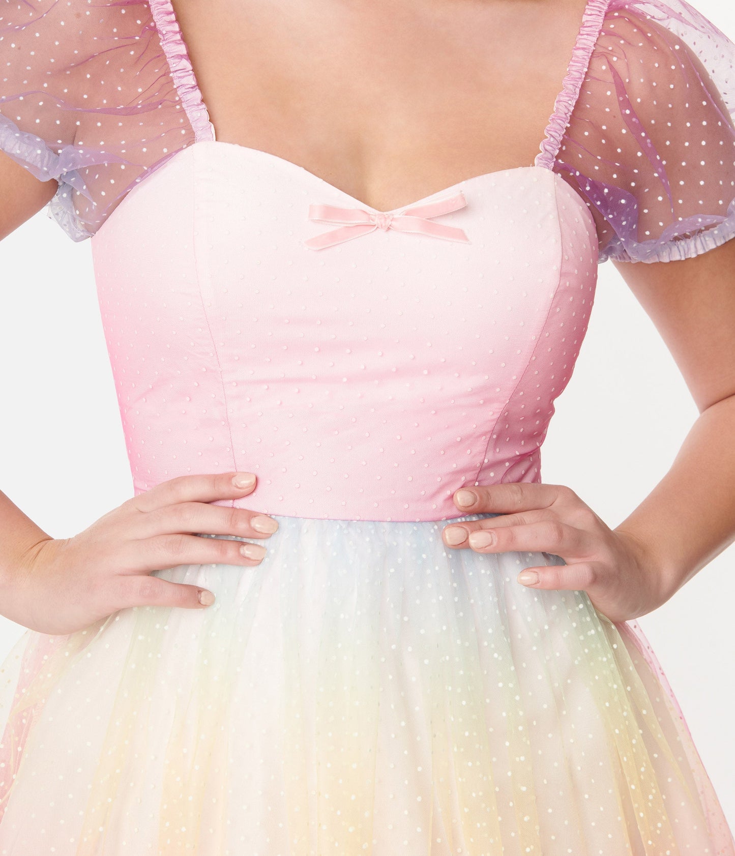 Unique Vintage 1950s Pastel Rainbow Ombre Clip Dot Tulle Sweetheart Fit & Flare Dress