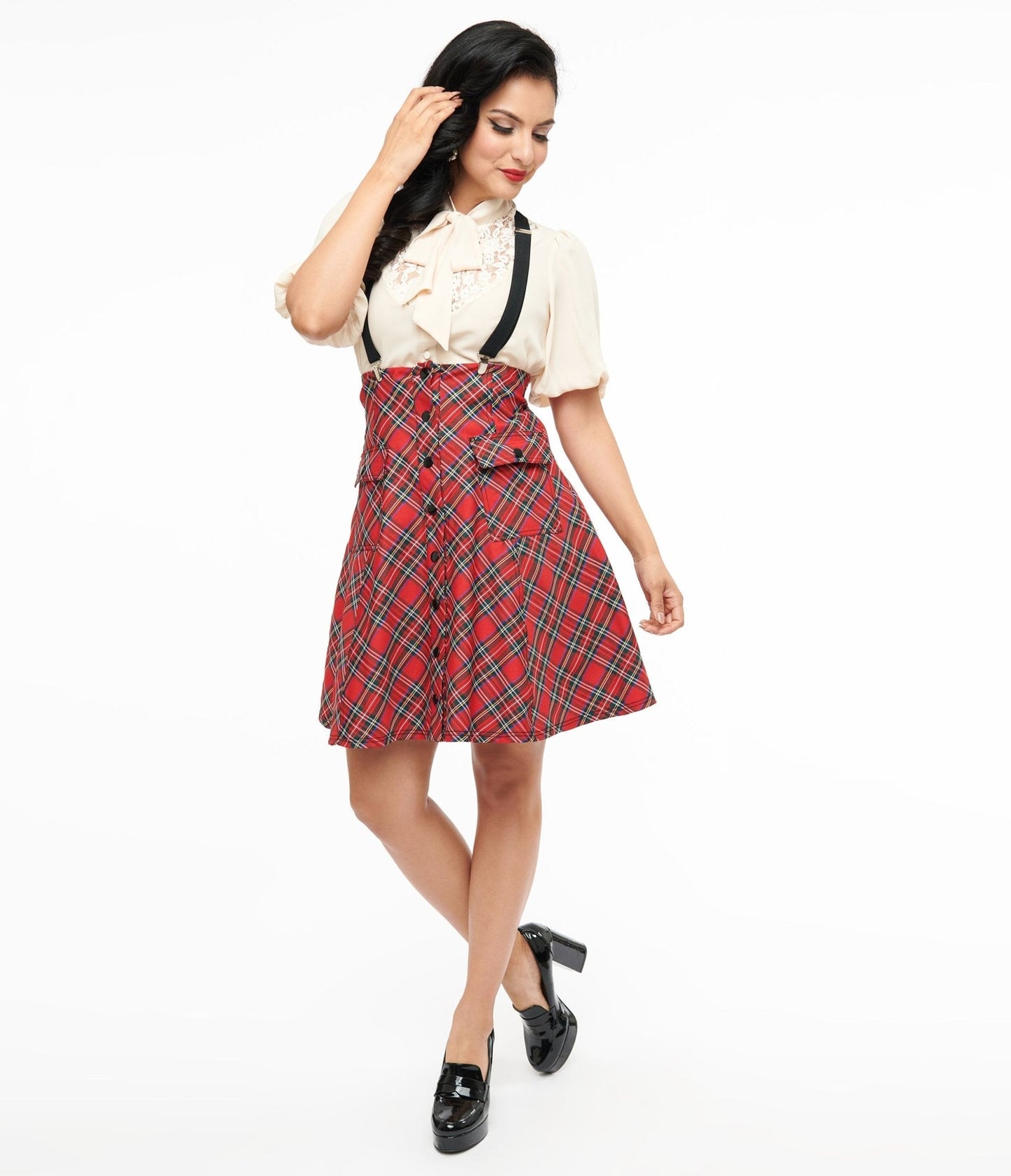 Unique Vintage 1950s Red Bias Plaid Suspender Flare Skirt