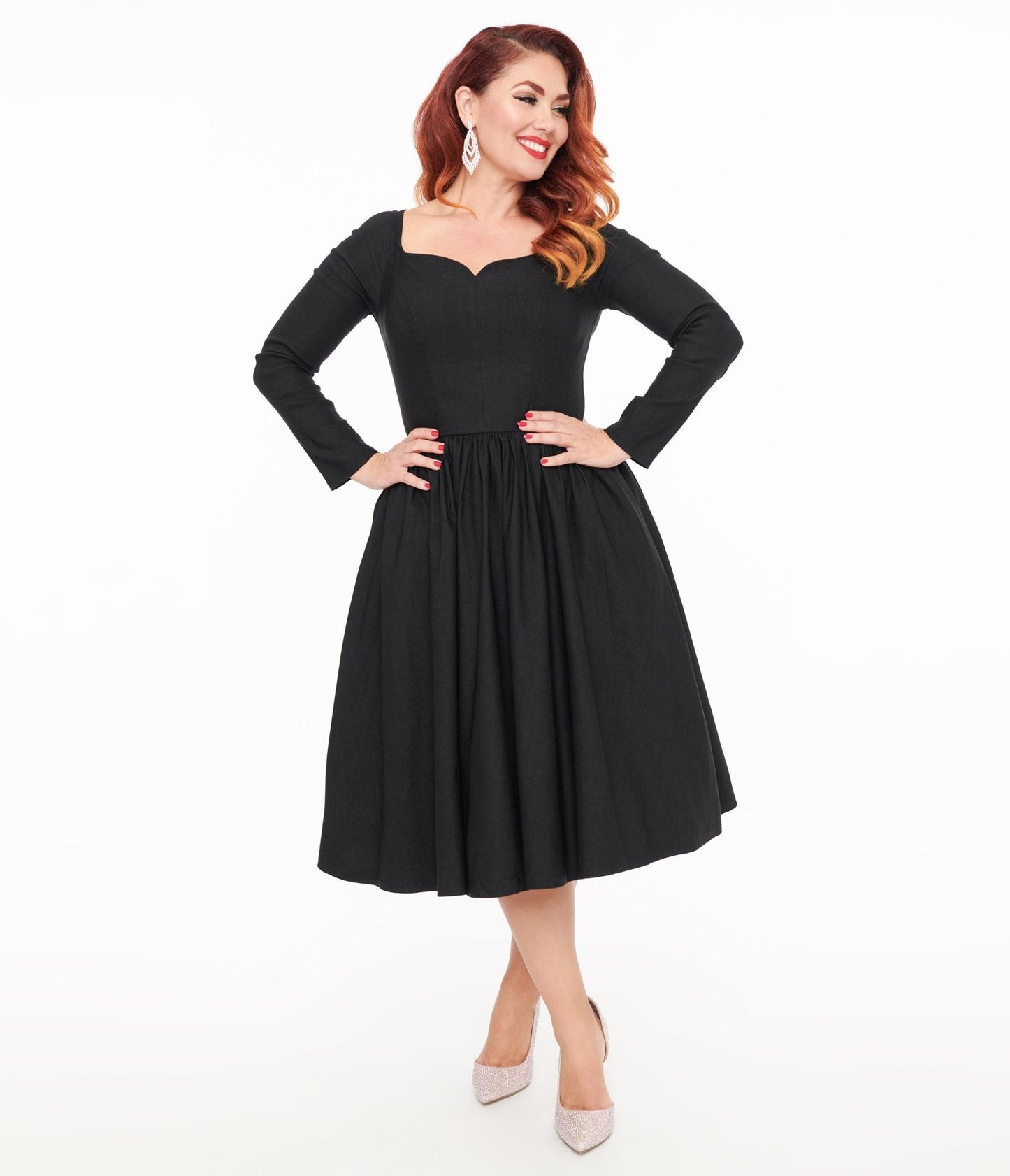 Unique Vintage 1950s Solid Black Sweetheart Swing Dress