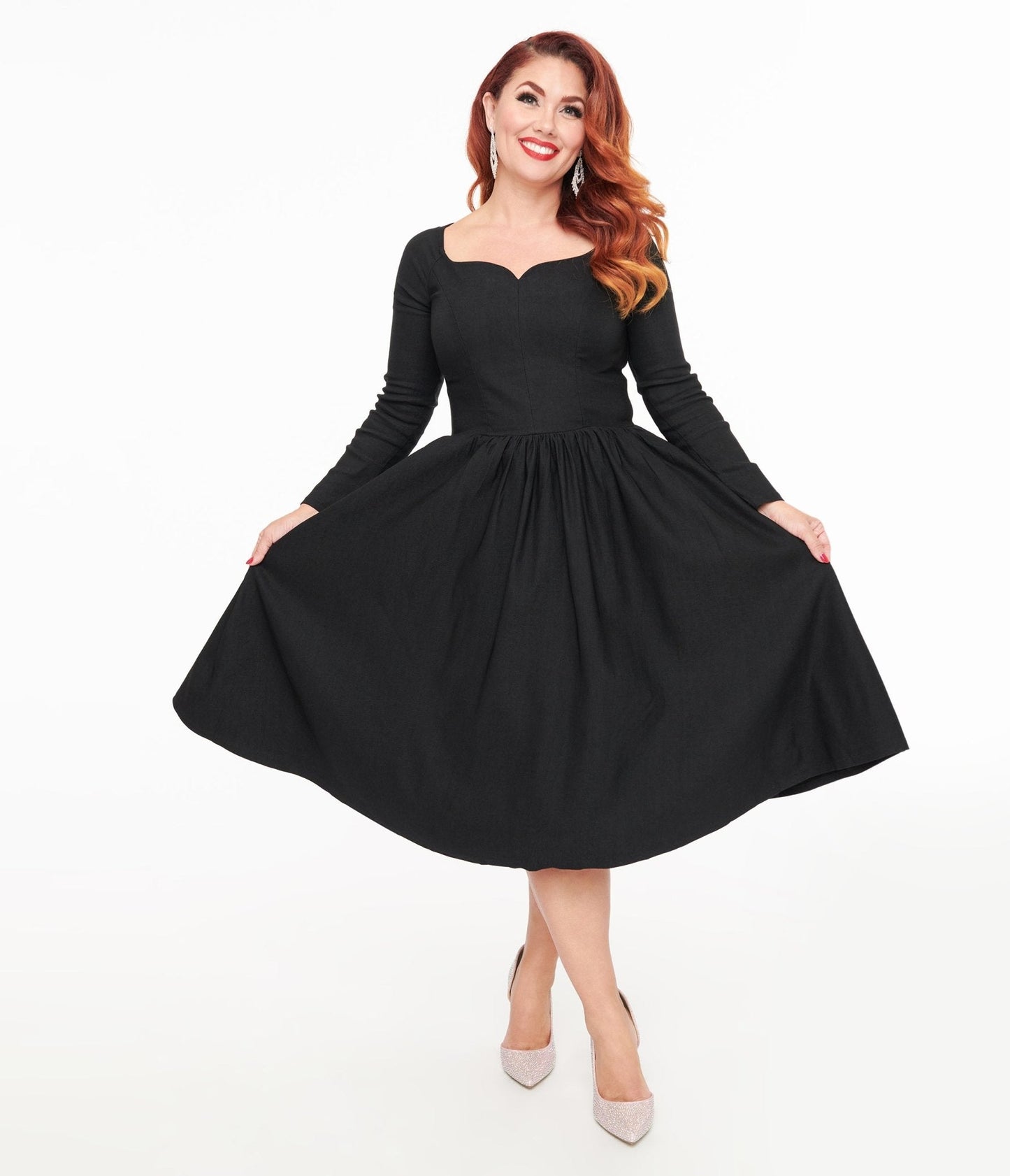 Unique Vintage 1950s Solid Black Sweetheart Swing Dress