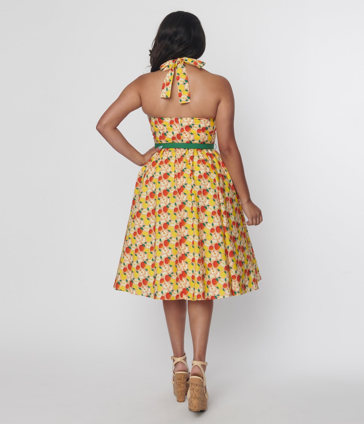 Unique Vintage 1950s Yellow & Red Apple Print Cotton Halter Swing Dress