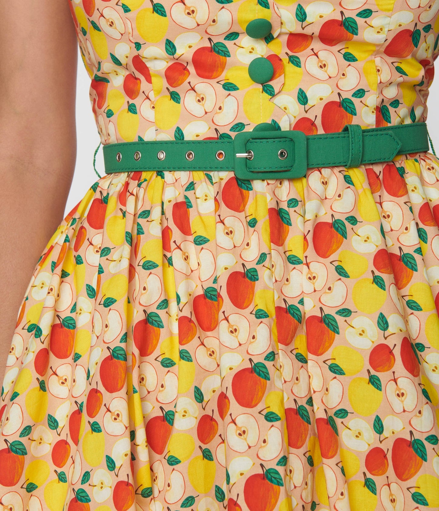 Unique Vintage 1950s Yellow & Red Apple Print Cotton Halter Swing Dress