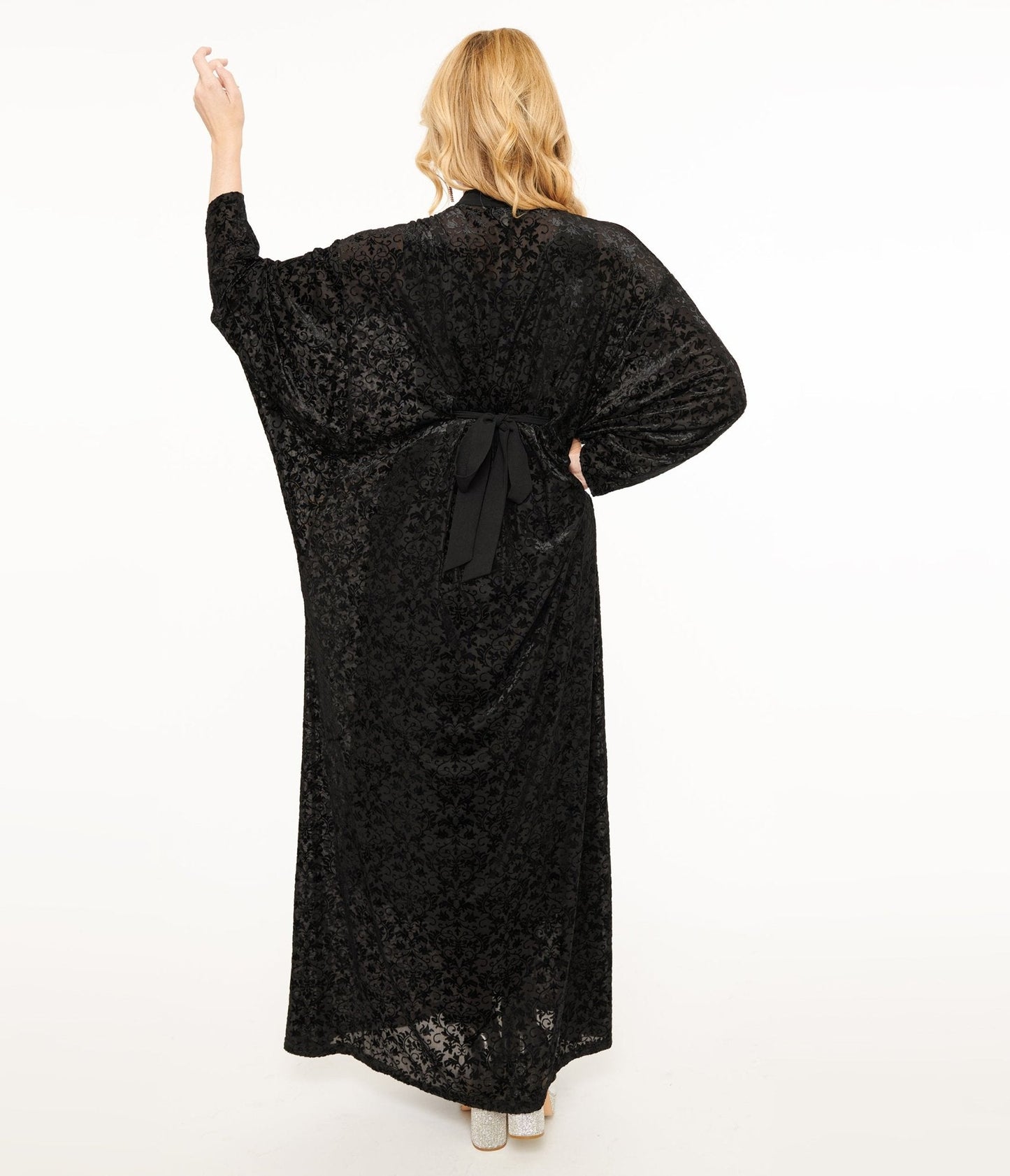 Unique Vintage 1970s Black Floral Burnout Mesh High Neck Caftan