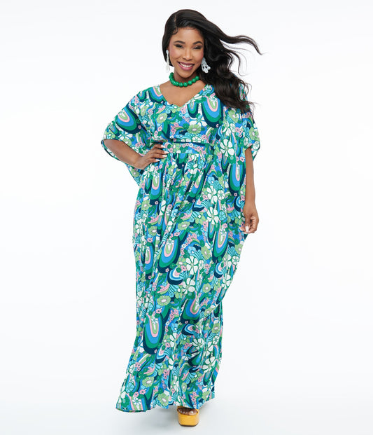 Unique Vintage 1970s Teal Psychedelic Floral Burton Caftan Dress