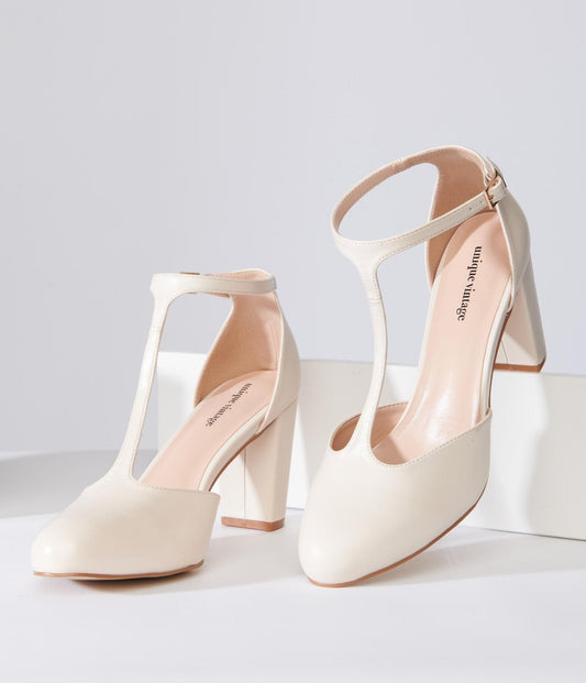 Unique Vintage 1920s Beige Leatherette T-Strap Astaire Pumps