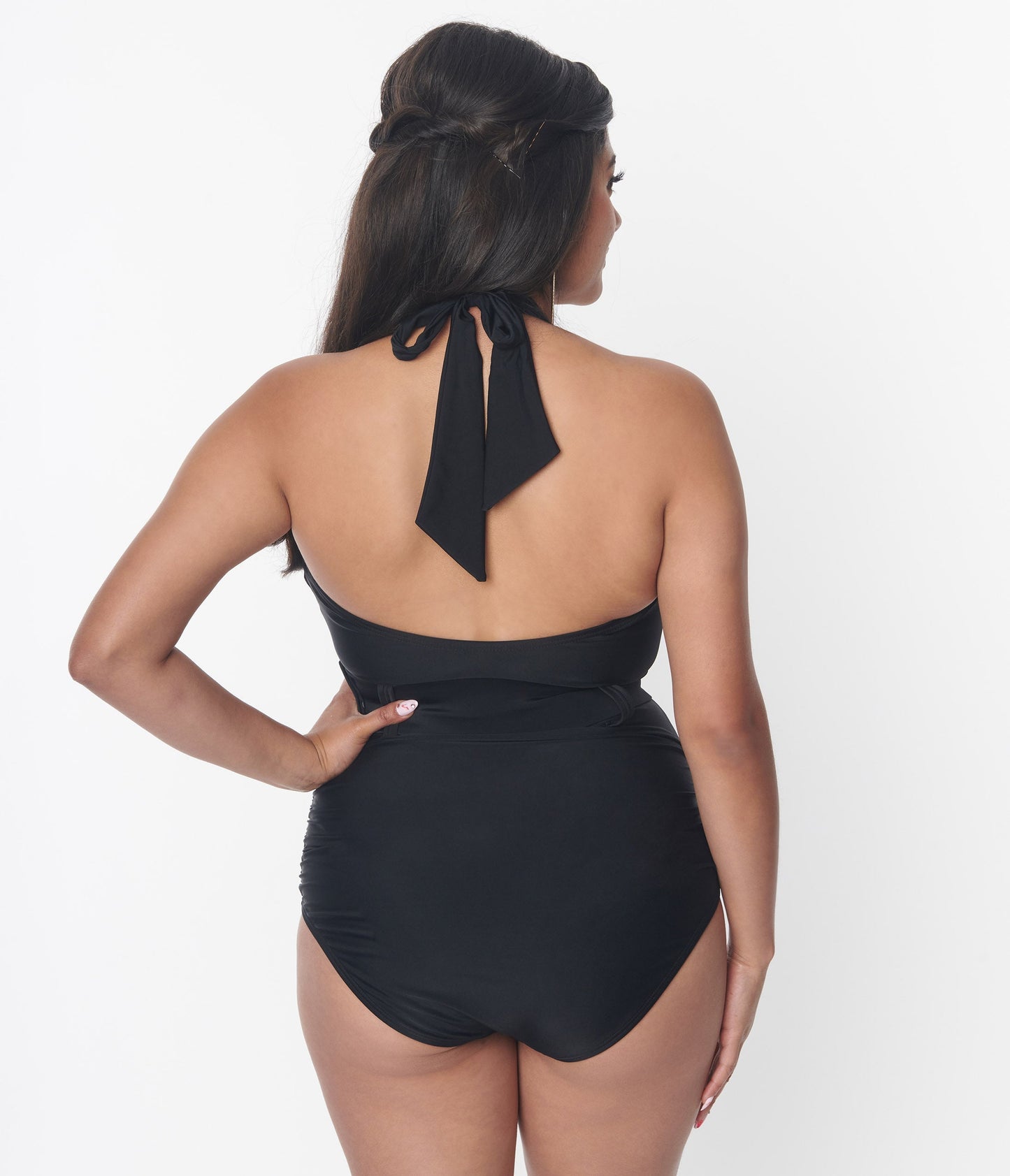 Unique Vintage Black Belted Halter Swimsuit