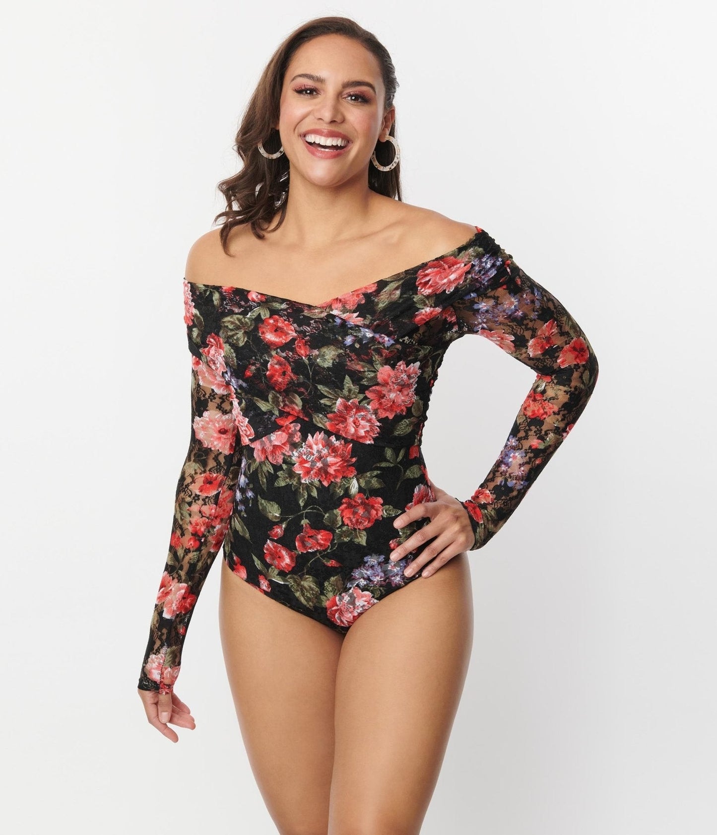 Unique Vintage 1940s Black Floral Lace Saturday Night Bodysuit