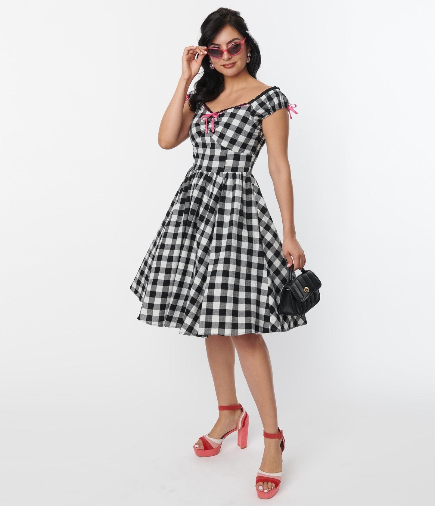 Unique Vintage Black Gingham Cap Sleeve Swing Dress
