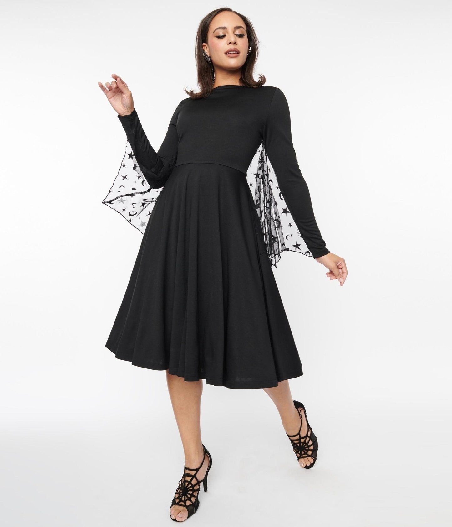Unique Vintage Black & Mesh Bat Swing Dress