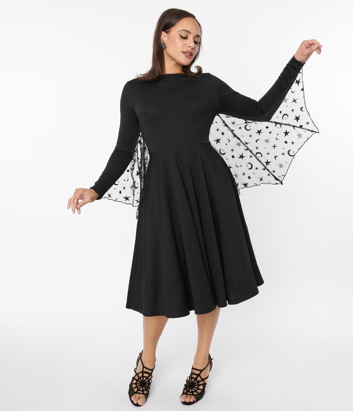 Unique Vintage Black & Mesh Bat Swing Dress