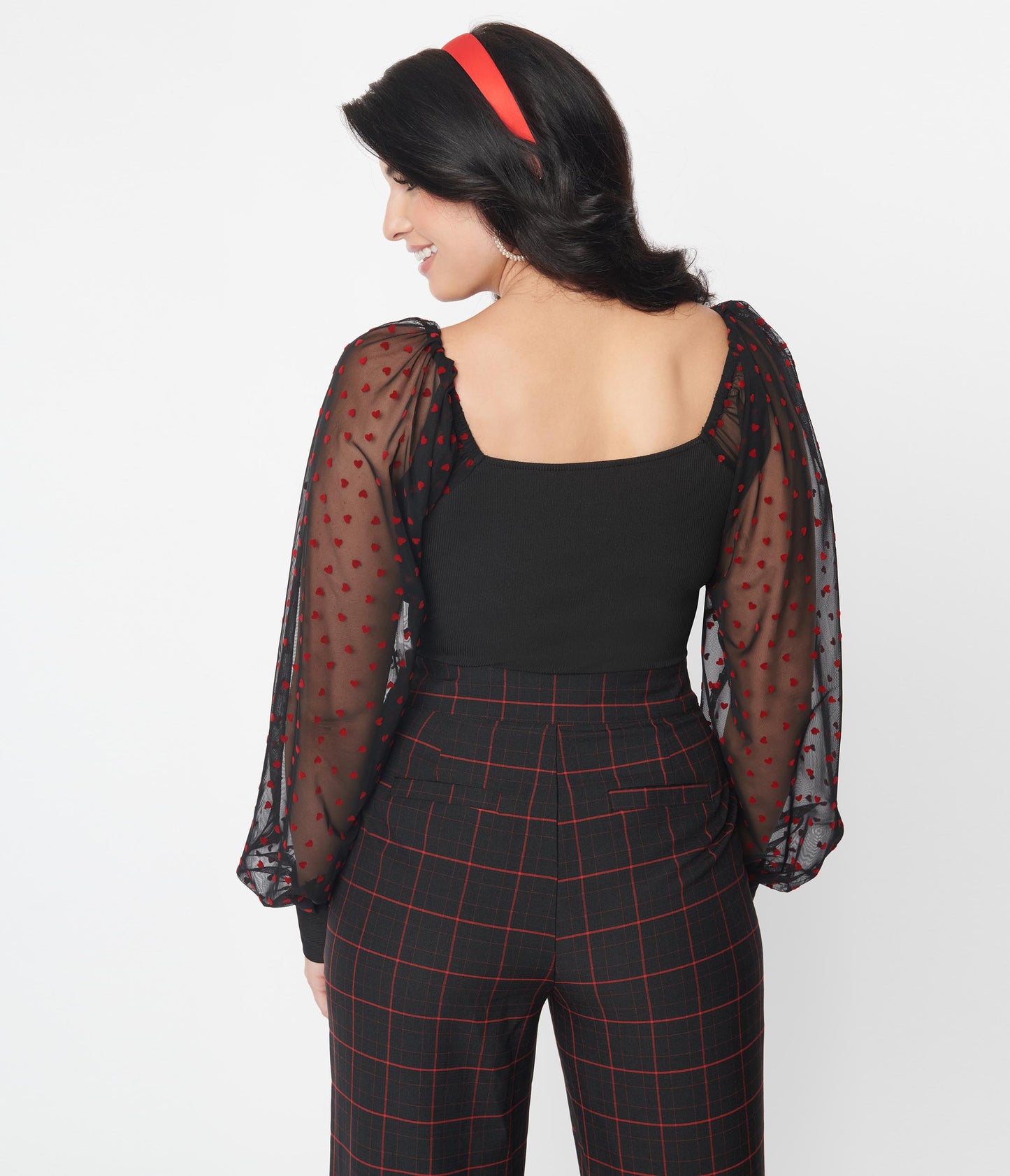 Unique Vintage Black & Red Flocked Hearts Sleeve Bodysuit