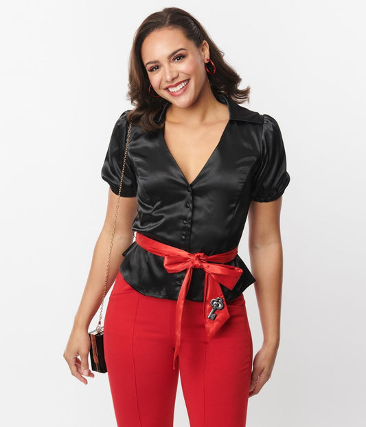Unique Vintage Black & Red Lock & Key Sashed Blouse