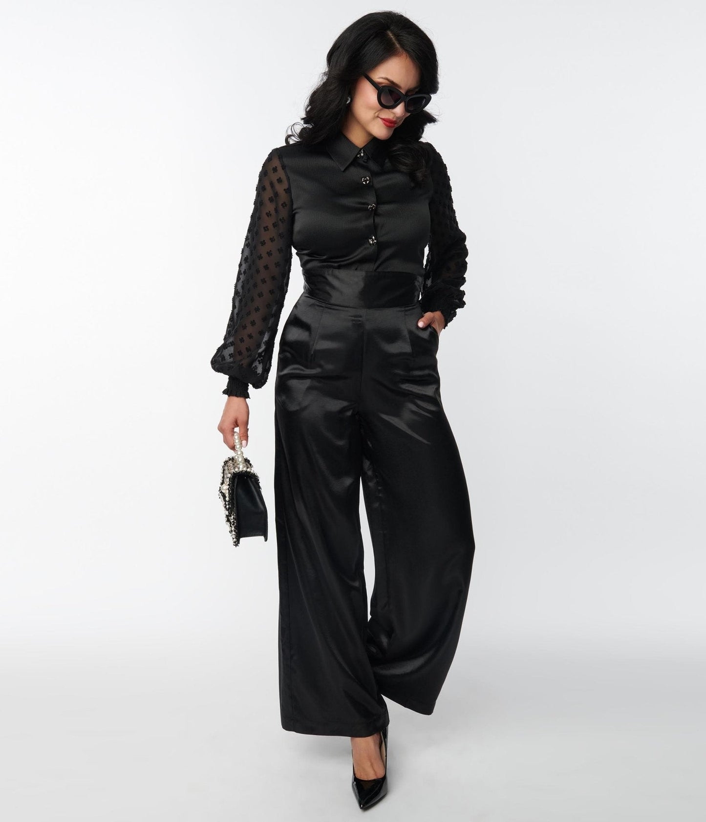 Unique Vintage 1940s Black Satin High Waist Pants