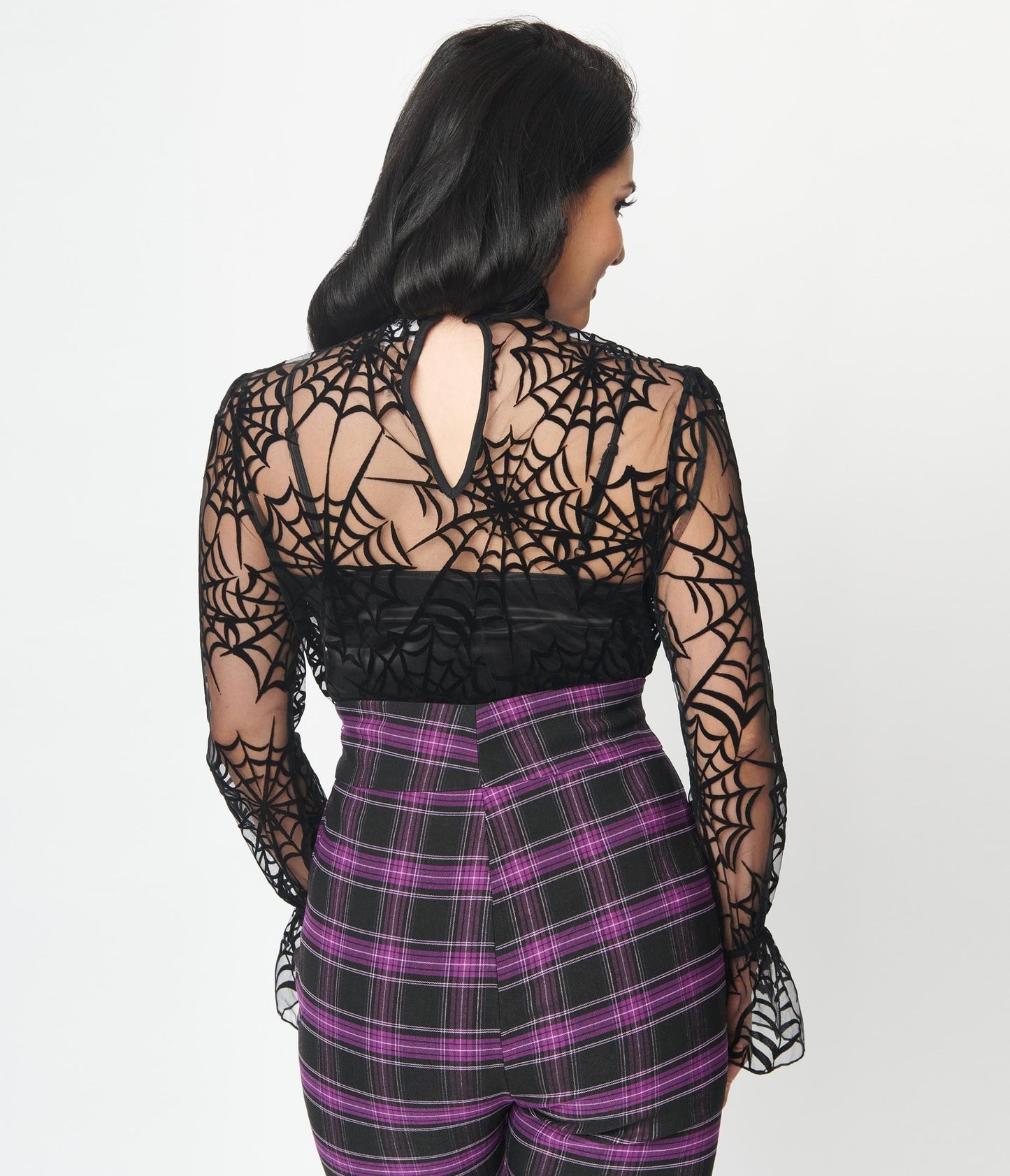 Unique Vintage Black Spiderweb Flocked Donna Blouse