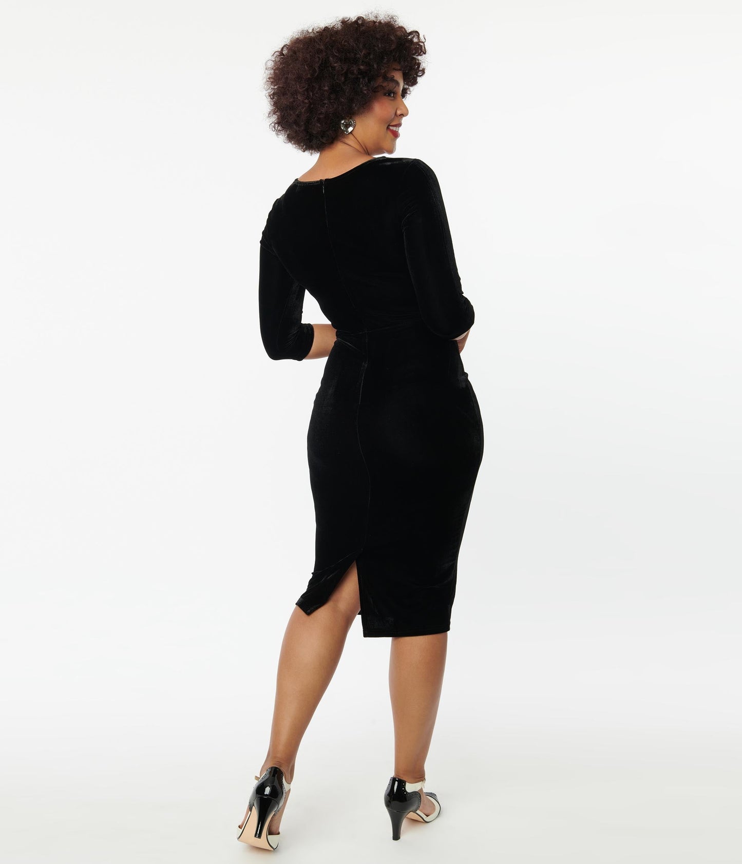 Unique Vintage Black Velvet Sleeved Mod Wiggle Dress