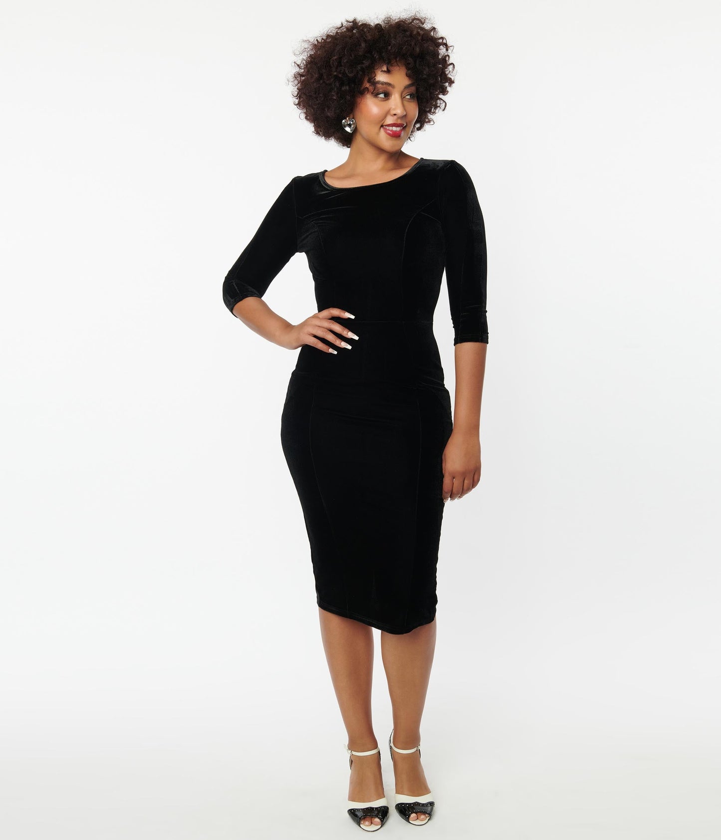 Unique Vintage Black Velvet Sleeved Mod Wiggle Dress