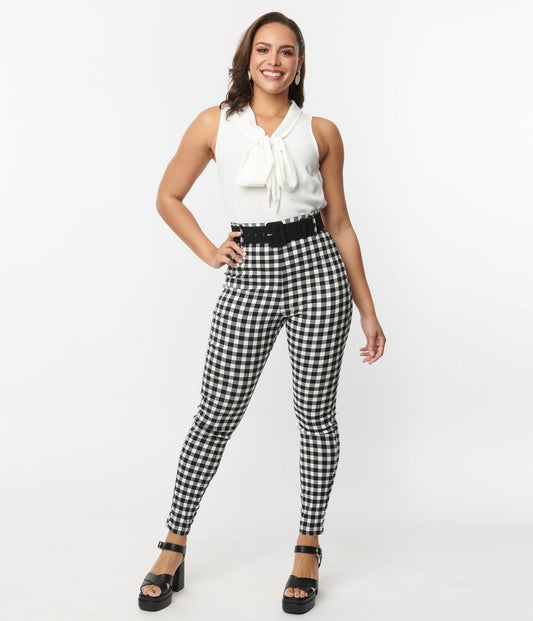 Unique Vintage Black & White Gingham Belted Rizzo Pants