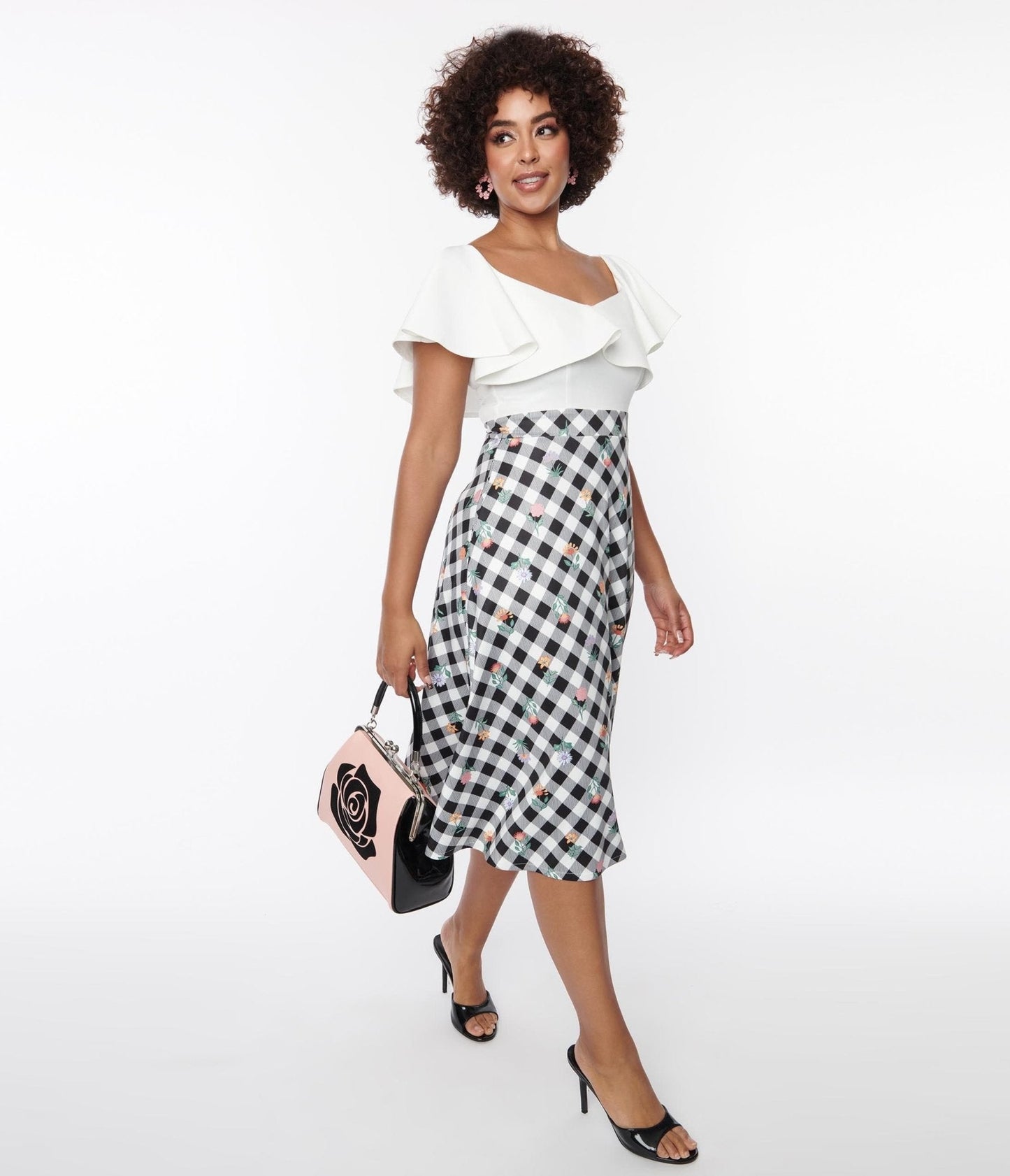 Unique Vintage Black & White Gingham Floral Swing Dress