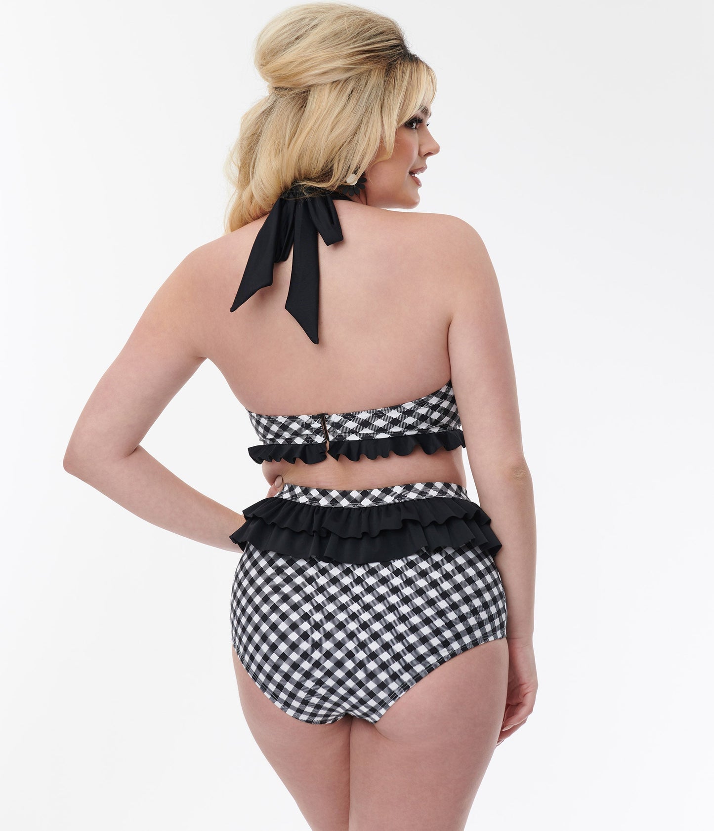 Unique Vintage Black & White Gingham Ruffle Swim Bottom