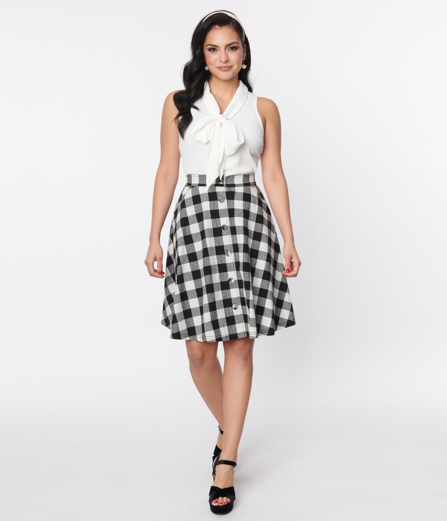 Unique Vintage Black & White Gingham Swing Skirt