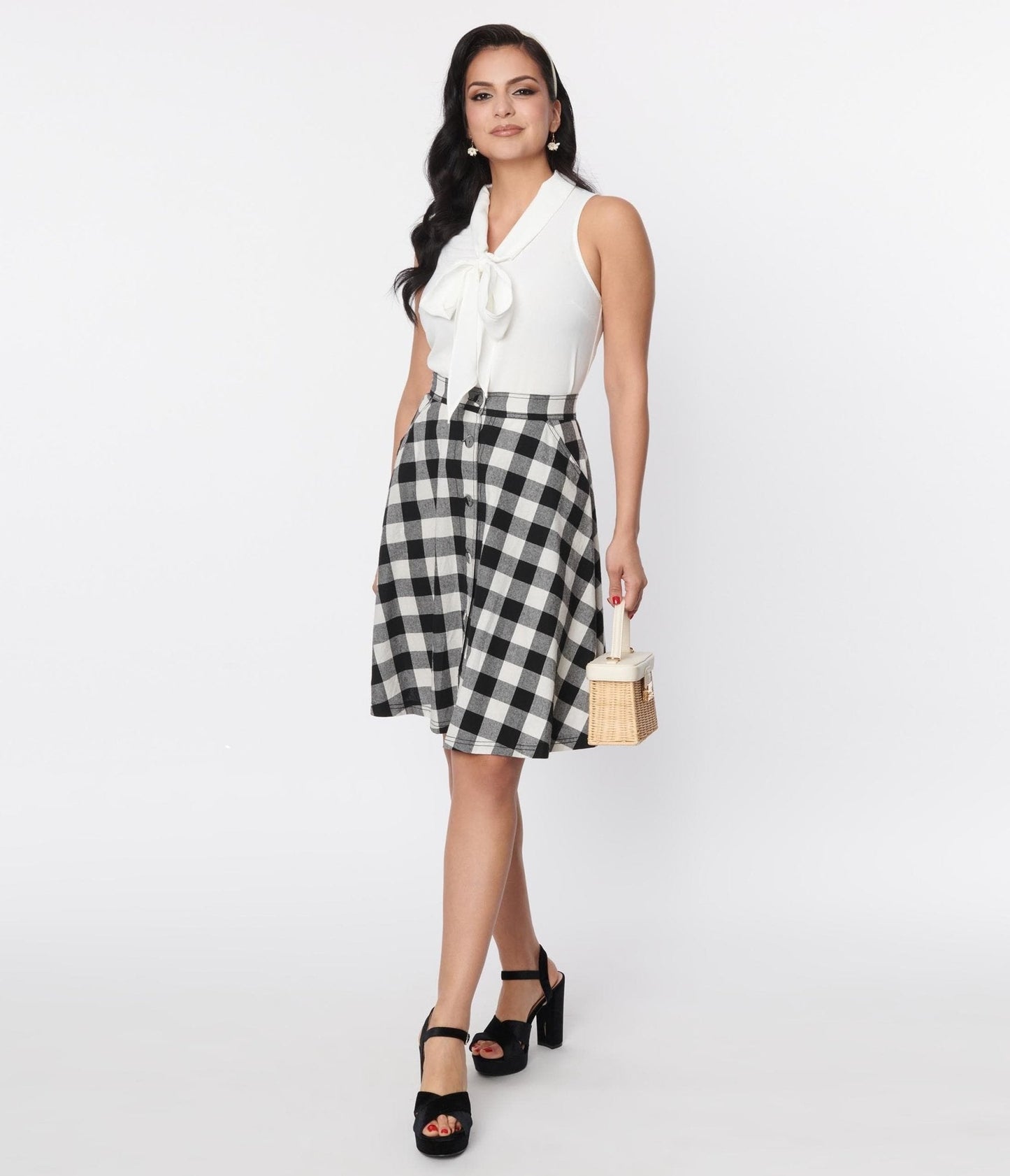 Unique Vintage Black & White Gingham Swing Skirt