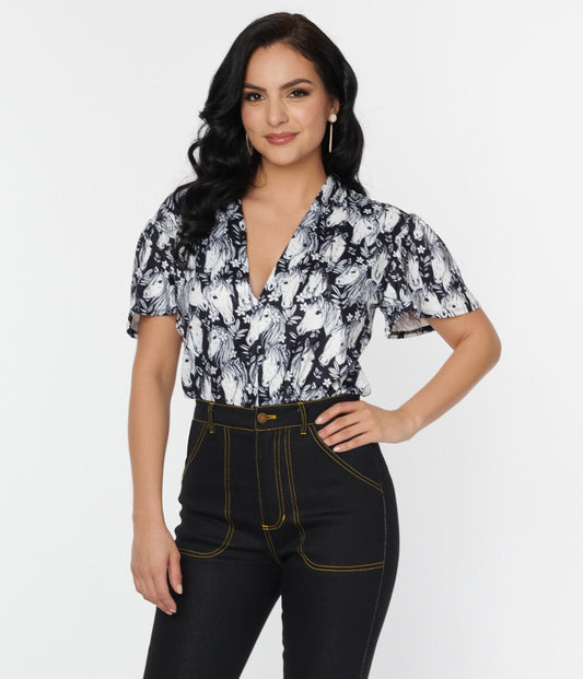 Unique Vintage 1970s Black & Wild Horses Flutter Sleeve Bodysuit