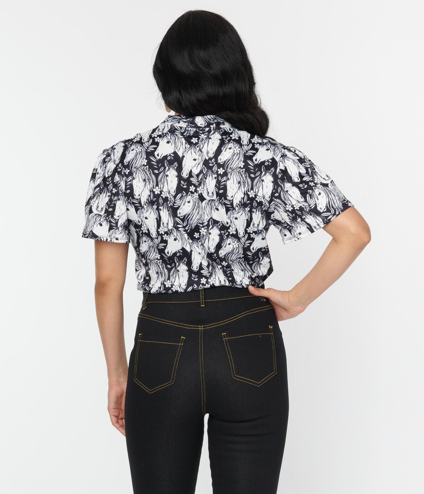 Unique Vintage 1970s Black & Wild Horses Flutter Sleeve Bodysuit